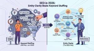 Entity Clarity vs Keyword Stuffing infographic showing how semantic SEO, entity optimization, knowledge graphs, and contextual relevance improve rankings in 2026.