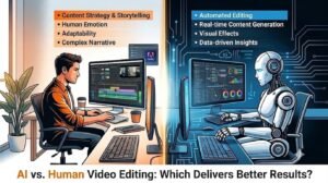 AI vs human video editing comparison showing a human editor and AI-powered editing
