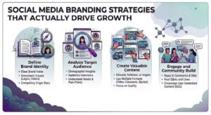 Infographic showing social media branding strategies: brand identity, audience analysis, content creation, and community engagement