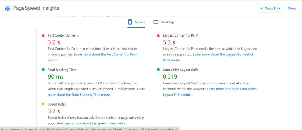 PageSpeed Insights mobile performance report showing LCP, FCP, TBT, and CLS metrics